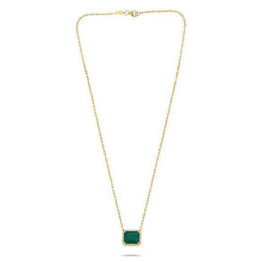 Yellow Gold Paper Clip Halo Emerald Cut Emerald Necklace — view 1