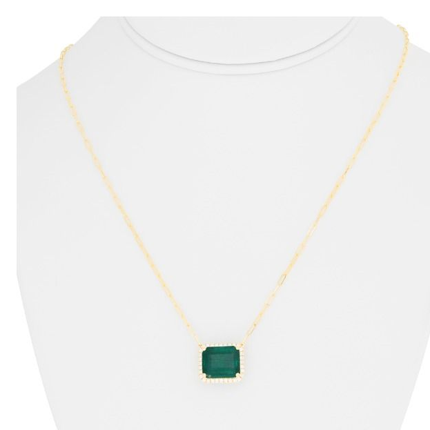Yellow Gold Paper Clip Halo Emerald Cut Emerald Necklace — view 3