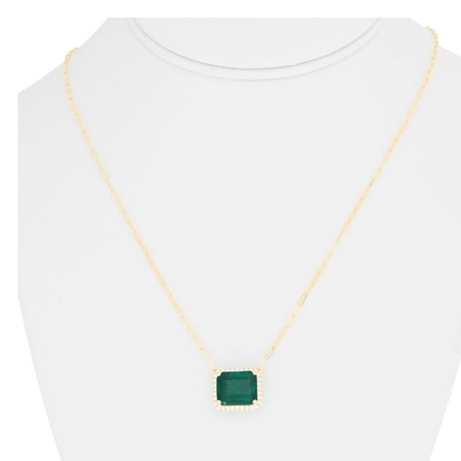 Yellow Gold Paper Clip Halo Emerald Cut Emerald Necklace — view 3
