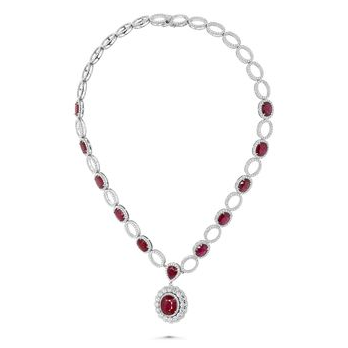 Radiant Triple-Halo Oval Ruby Necklace in 18K Gold, GIA Certified — view 2