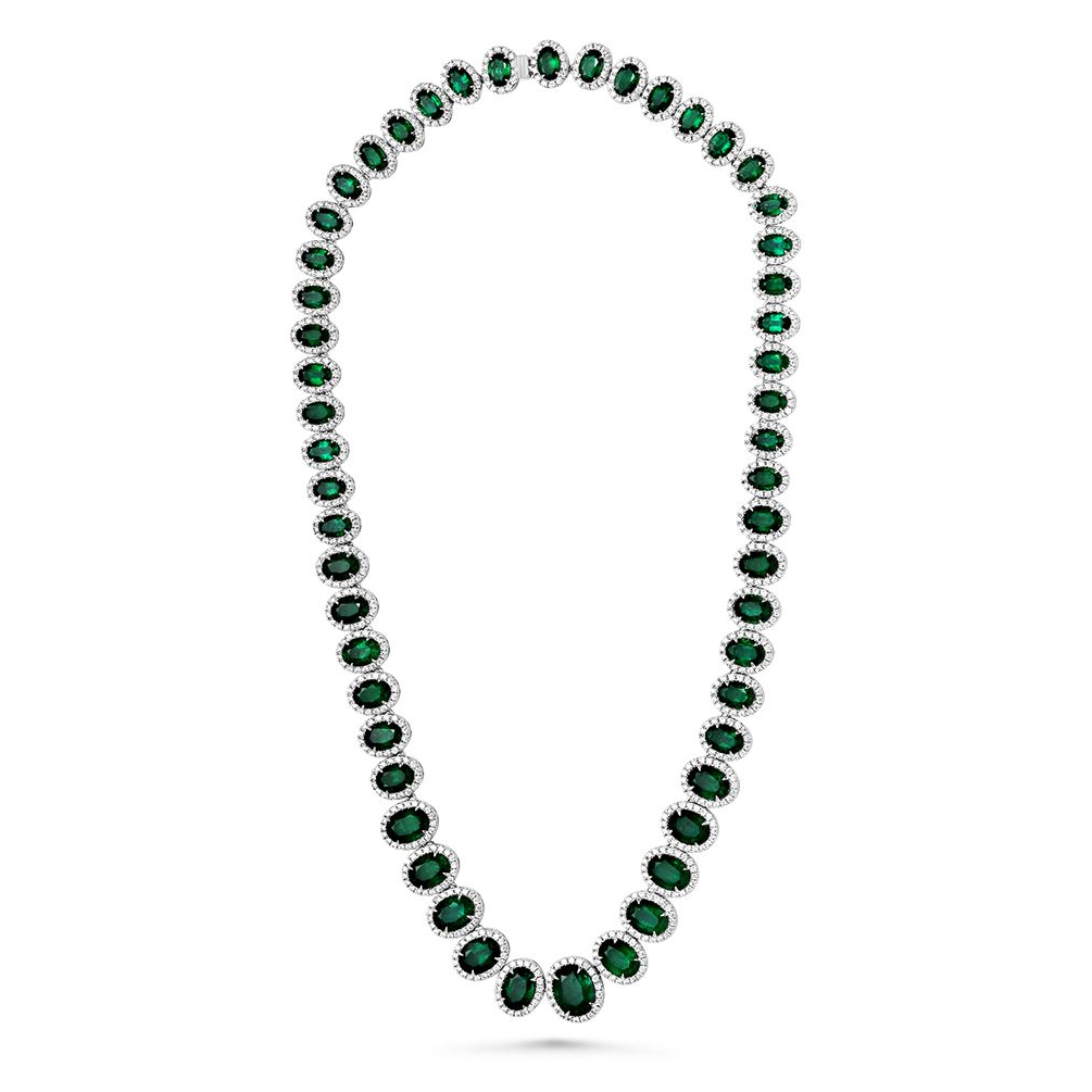 Halo Oval Emerald Necklace in 18K Gold, GIA Certified — view 1