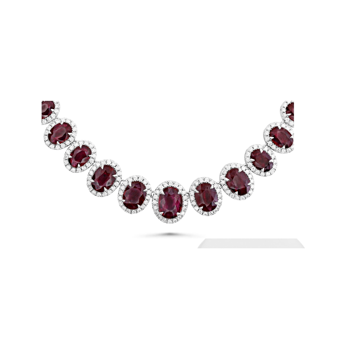 Oval Ruby and Diamond Halo Necklace in 18K White Gold — view 1