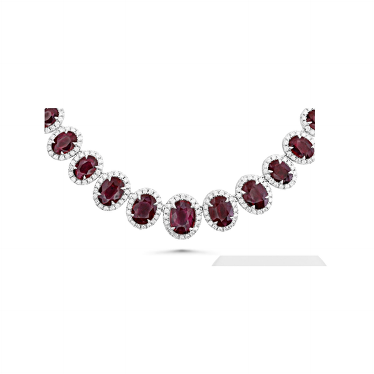 Oval Ruby and Diamond Halo Necklace in 18K White Gold — view 1