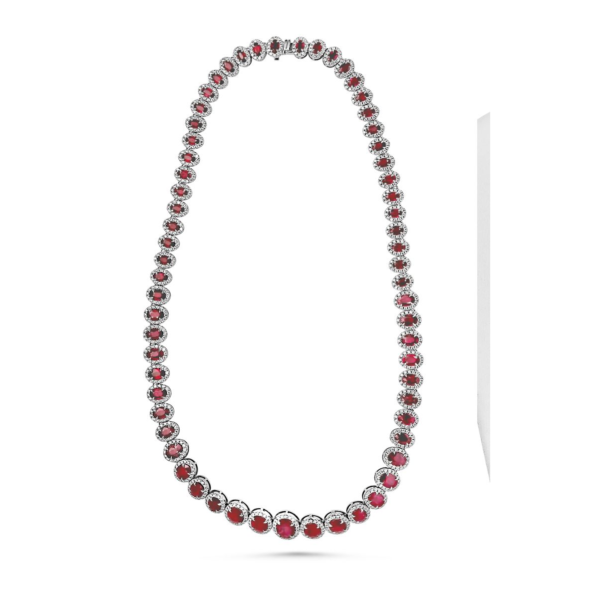 Oval Ruby and Diamond Halo Necklace in 18K White Gold — view 2