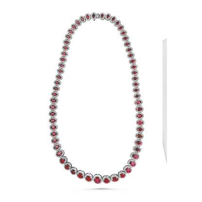 Oval Ruby and Diamond Halo Necklace in 18K White Gold — view 2