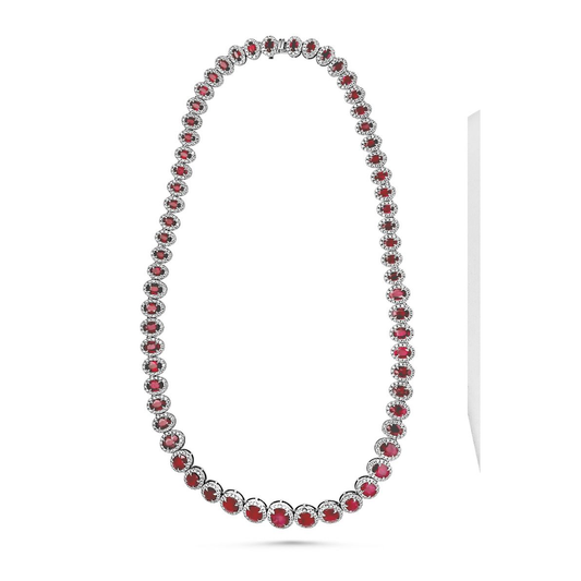 Oval Ruby and Diamond Halo Necklace in 18K White Gold — view 2