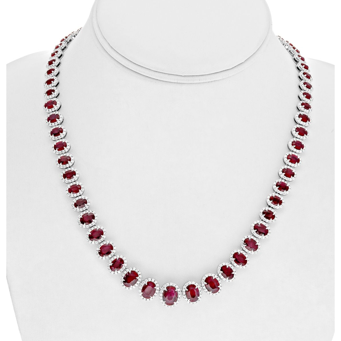 Oval Ruby and Diamond Halo Necklace in 18K White Gold — view 3
