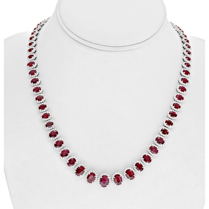 Oval Ruby and Diamond Halo Necklace in 18K White Gold — view 3