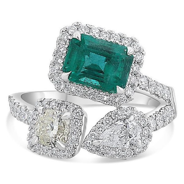 Three Row Diamond and Emerald Ring — view 1