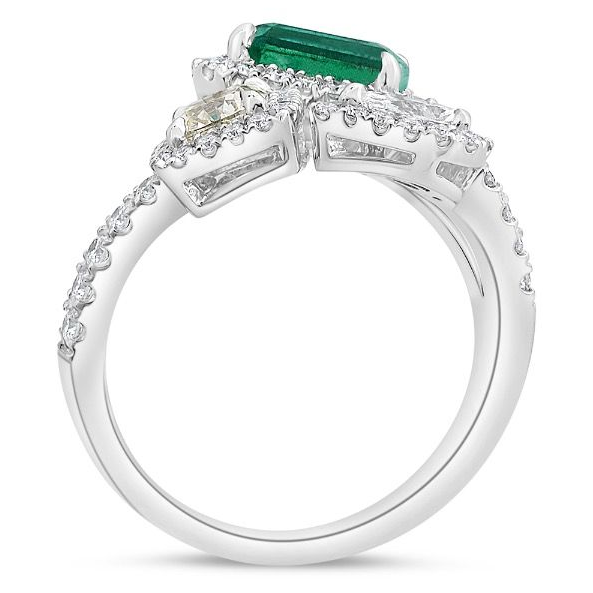 Three Row Diamond and Emerald Ring — view 2