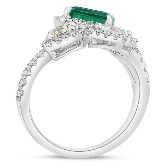 Three Row Diamond and Emerald Ring — view 2