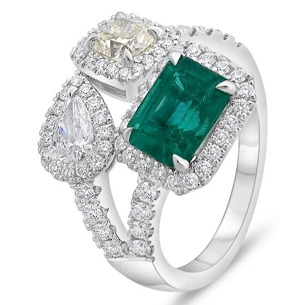 Three Row Diamond and Emerald Ring — view 3