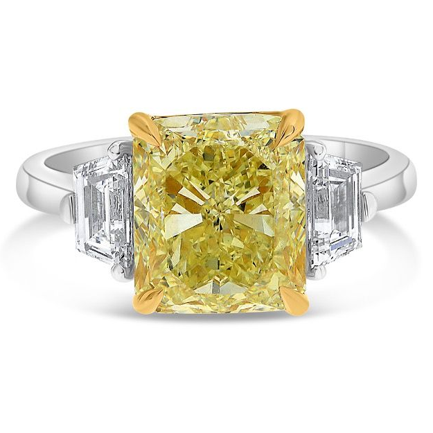5.02ct Radiant Cut Yellow Diamond Three Stone Ring — view 1