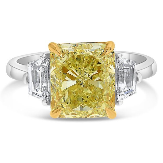 5.02ct Radiant Cut Yellow Diamond Three Stone Ring — view 1