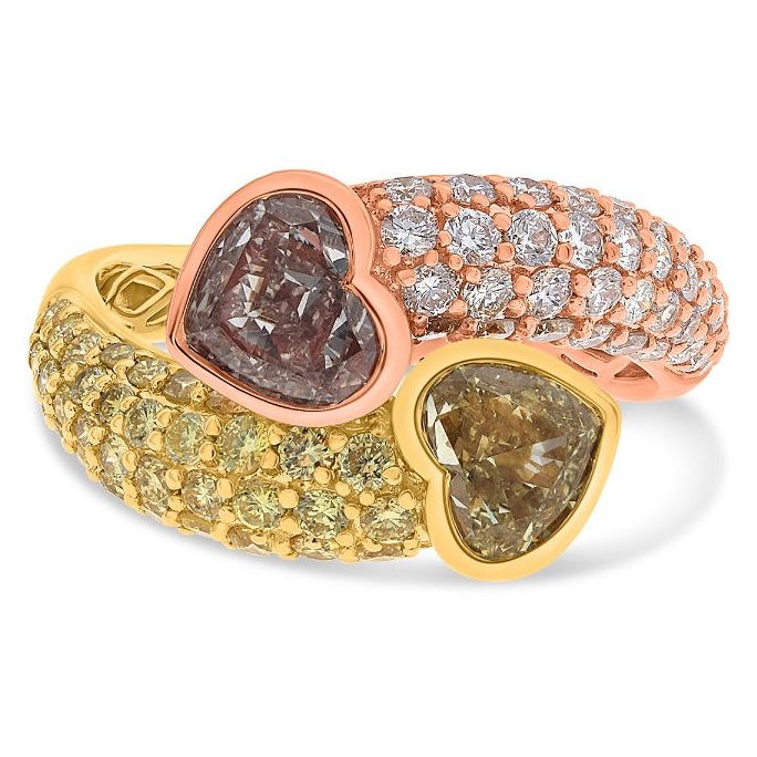 Pink and Yellow Heart Diamond Bypass Ring — view 1