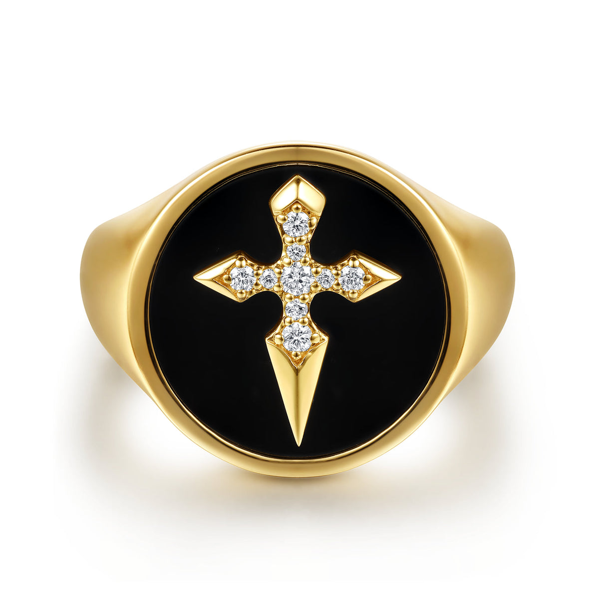 Wide 14K Yellow Gold Diamond and Onyx Cross Signet Ring — Gabriel & Co. MR20186Y45OX