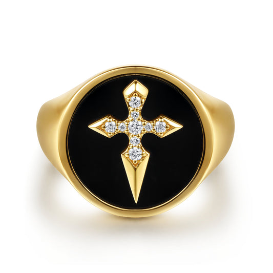 Wide 14K Yellow Gold Diamond and Onyx Cross Signet Ring — Gabriel & Co. MR20186Y45OX