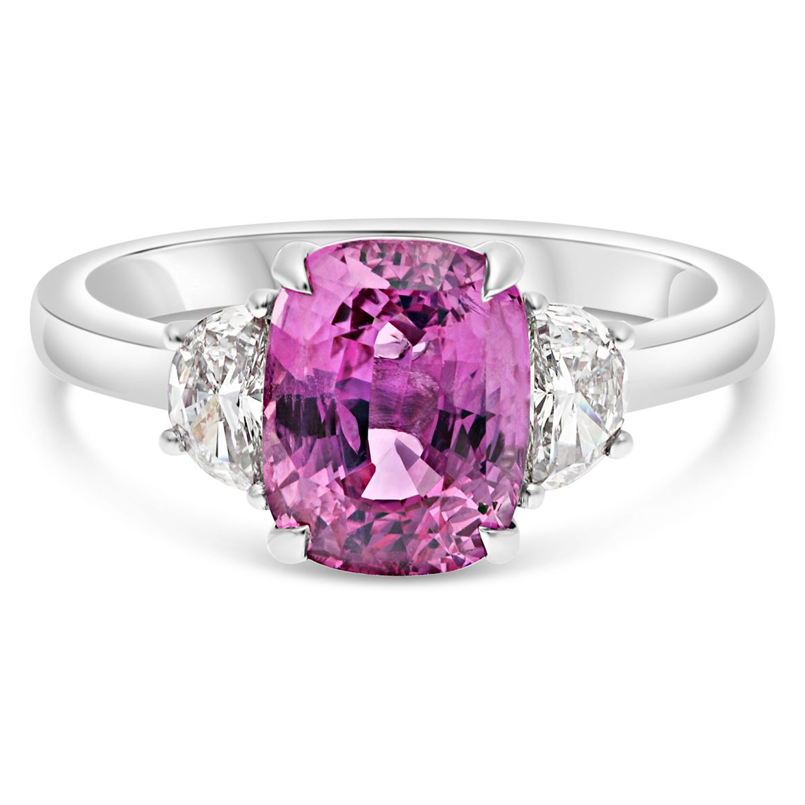 Three Stone Ring With Pink Sapphire and Half Moon Diamonds — view 1
