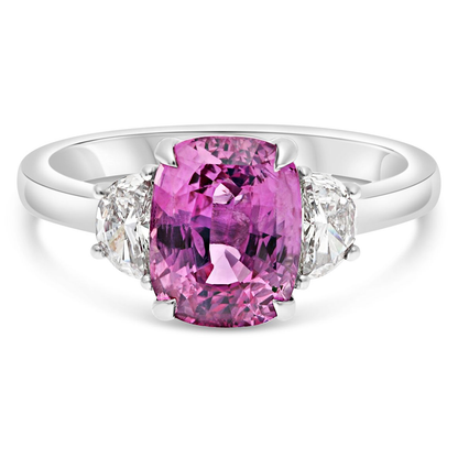 Three Stone Ring With Pink Sapphire and Half Moon Diamonds — view 1