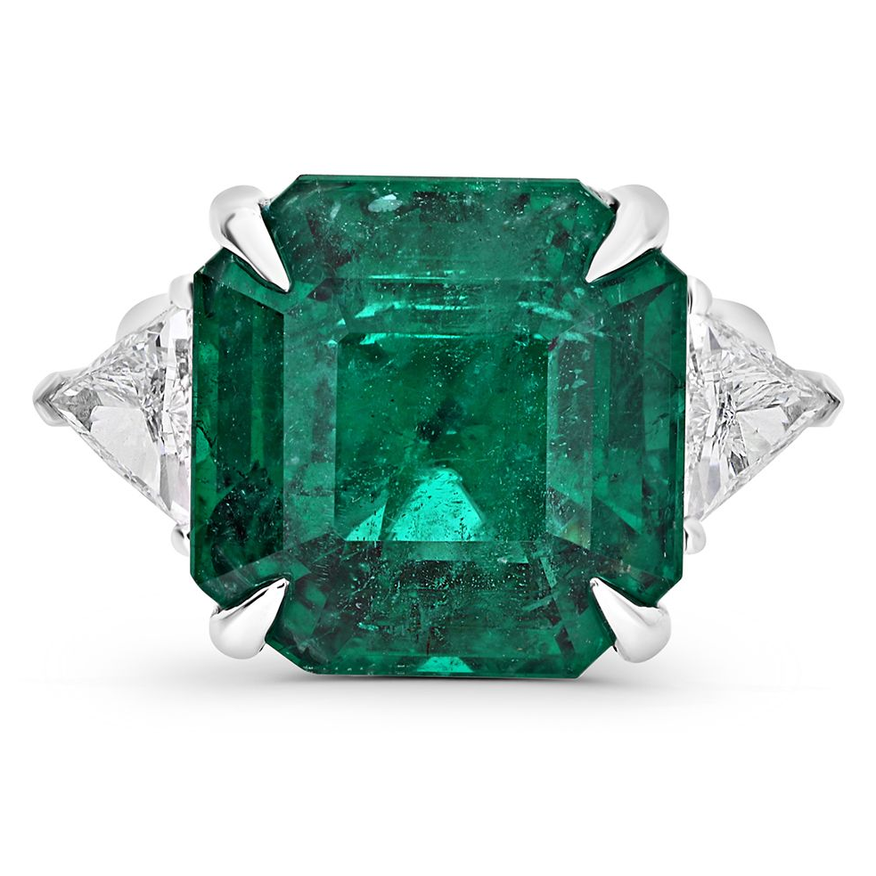 Three Stone Radiant Emerald and Trilliant Diamond Ring — view 1