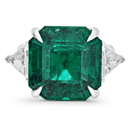 Three Stone Radiant Emerald and Trilliant Diamond Ring — view 1