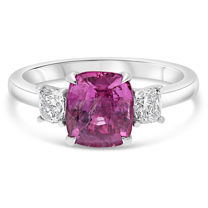 Three Stone Ring With Pink Sapphire and Cushion Diamonds — view 1
