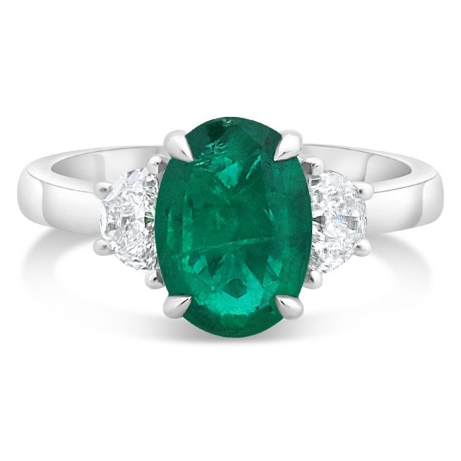 Platinum 2.30 Carat Emerald and Half Moon Diamond Three stone Ring — view 1
