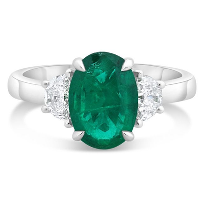 Platinum 2.30 Carat Emerald and Half Moon Diamond Three stone Ring — view 1