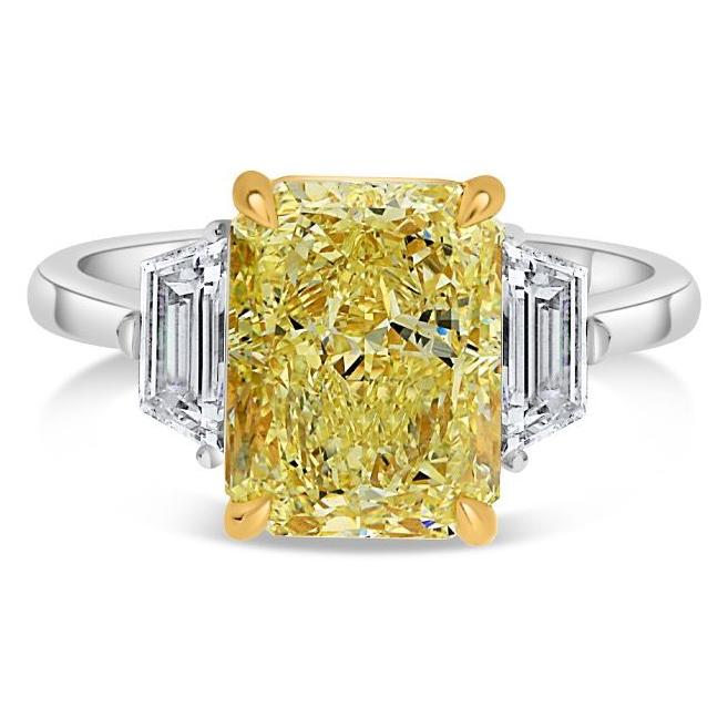 5.54ct Radiant Cut Yellow Diamond Three Stone Ring — view 1