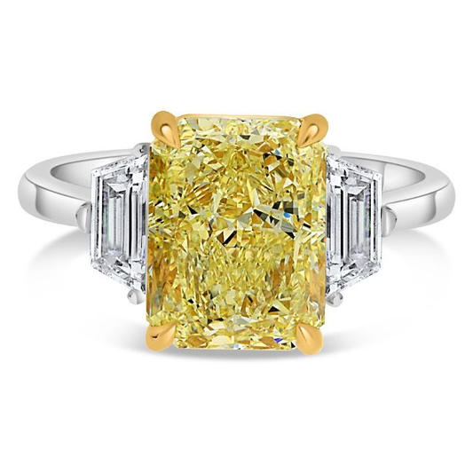 5.54ct Radiant Cut Yellow Diamond Three Stone Ring — view 1