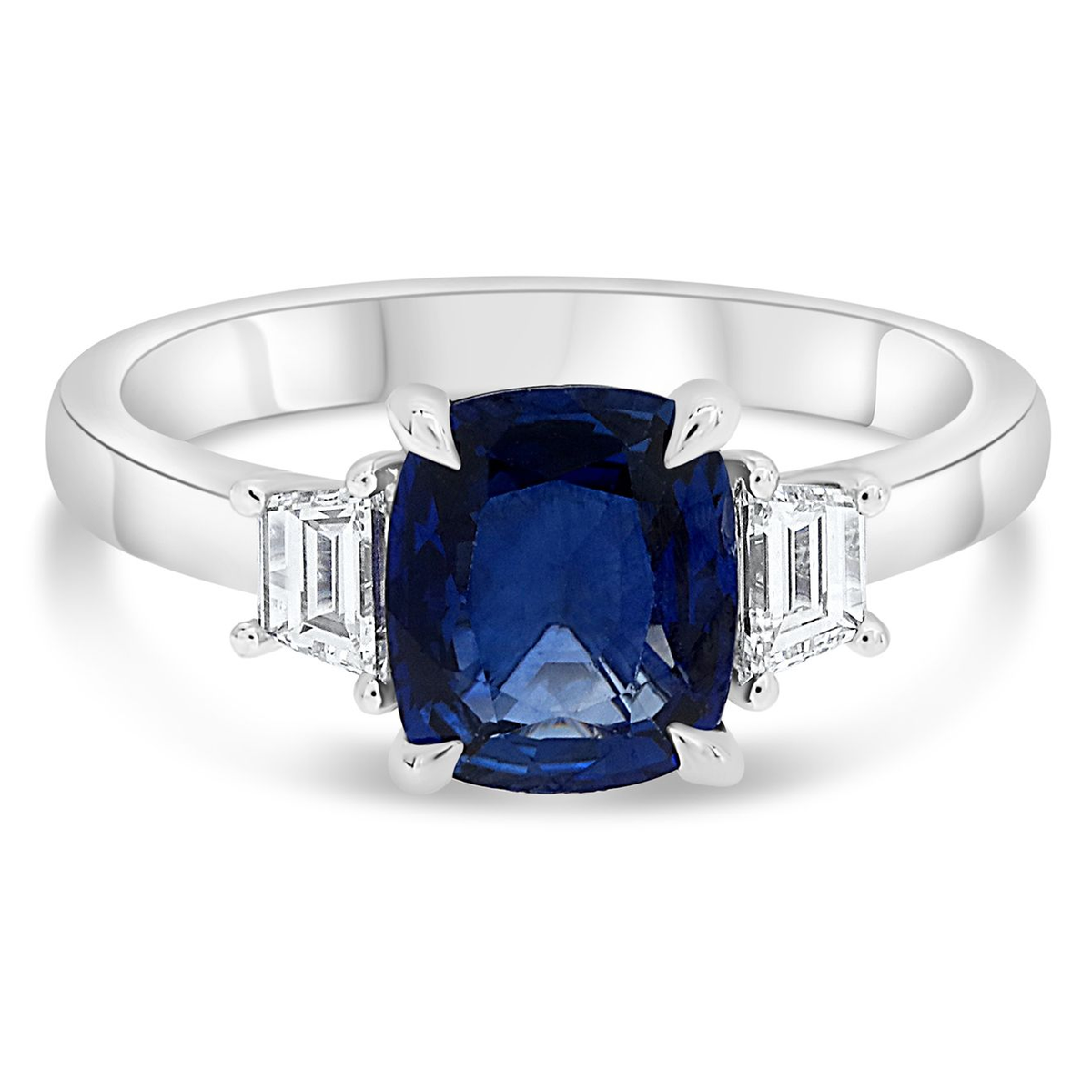 Three Stone Ring With Sapphire and Trapazoid Diamonds — view 1
