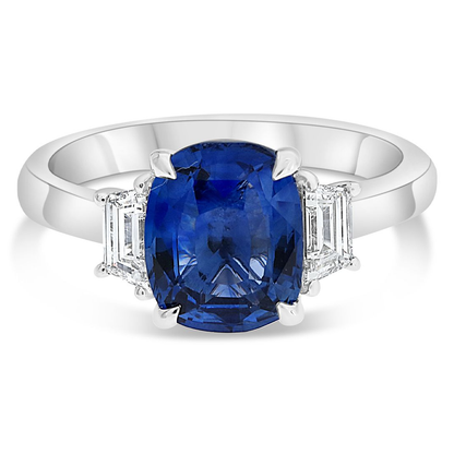 Three Stone Ring With Sapphire and Trapazoid Diamonds — view 1