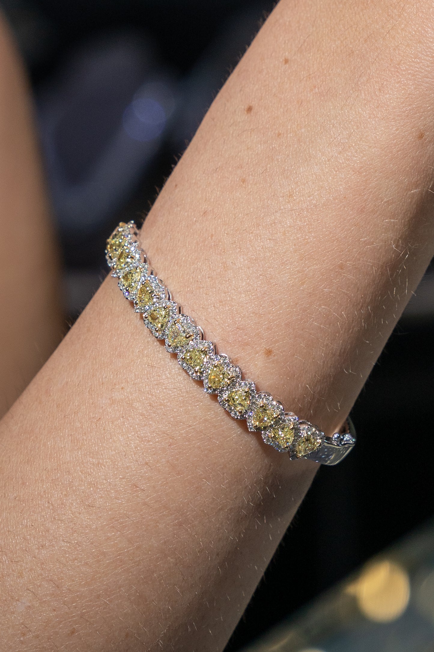 18k White Gold 5.56ctw Natural Fancy Heart & Round Cut Diamond Pave Bangle