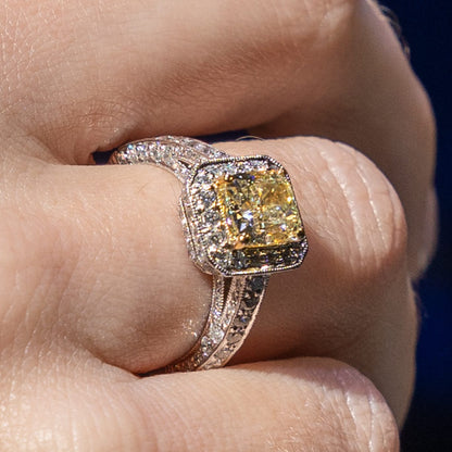 18k Yellow Gold and Platinum 1.74ct Natural Cushion Cut Fancy Yellow Diamond Halo Ring