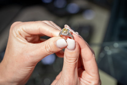 18k Yellow Gold and Platinum 1.74ct Natural Cushion Cut Fancy Yellow Diamond Halo Ring