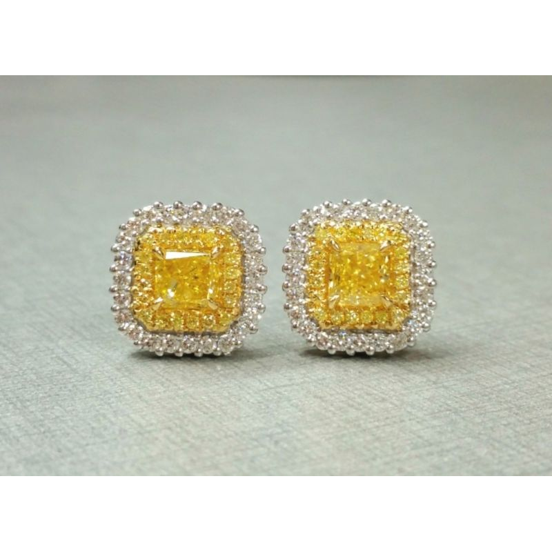 Cushion Fancy Yellow Diamond Earring — view 1