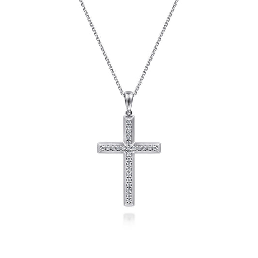 14K White Gold Beveled Pavé Diamond Cross Necklace — Gabriel & Co. NK1900W45JJ