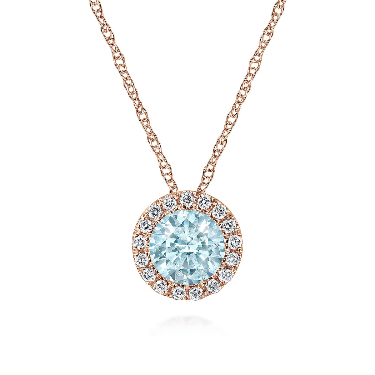 14K Rose Gold Aquamarine and Diamond Halo Pendant Necklace — Gabriel & Co. NK2824K45AQ