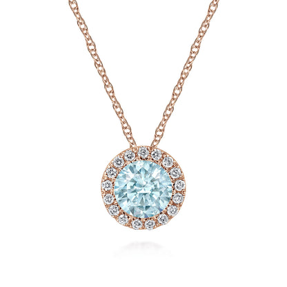 14K Rose Gold Aquamarine and Diamond Halo Pendant Necklace — Gabriel & Co. NK2824K45AQ