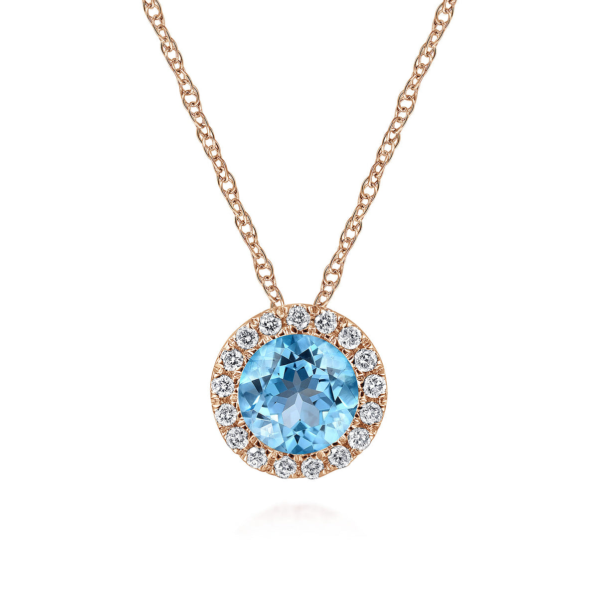 14K Rose Gold Round Swiss Blue Topaz and Diamond Halo Pendant Necklace — Gabriel & Co. NK2824K45BT