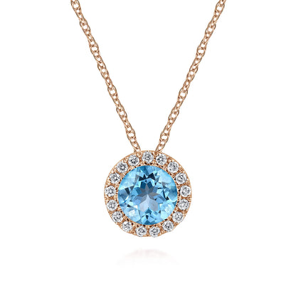 14K Rose Gold Round Swiss Blue Topaz and Diamond Halo Pendant Necklace — Gabriel & Co. NK2824K45BT