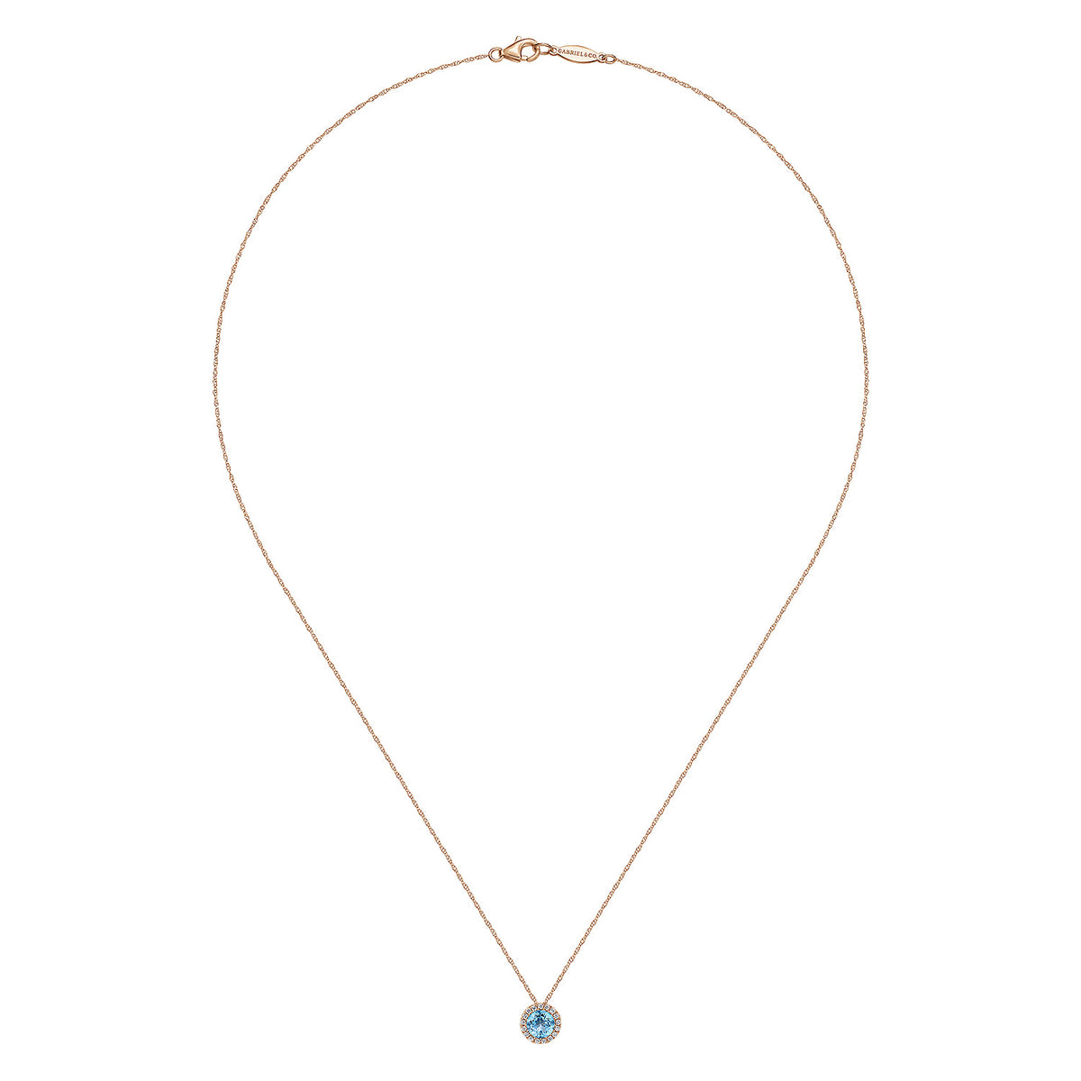 14K Rose Gold Round Swiss Blue Topaz and Diamond Halo Pendant Necklace — Gabriel & Co. NK2824K45BT