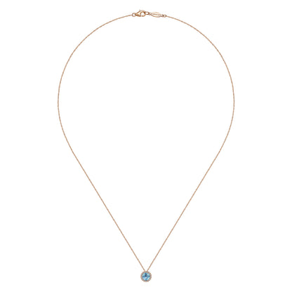 14K Rose Gold Round Swiss Blue Topaz and Diamond Halo Pendant Necklace — Gabriel & Co. NK2824K45BT