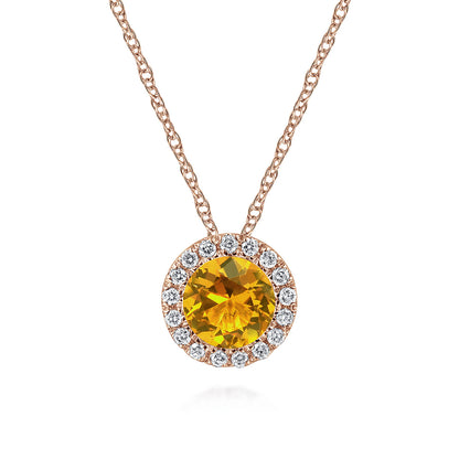 14K Rose Gold Round Citrine and Diamond Halo Pendant Necklace — Gabriel & Co. NK2824K45CT