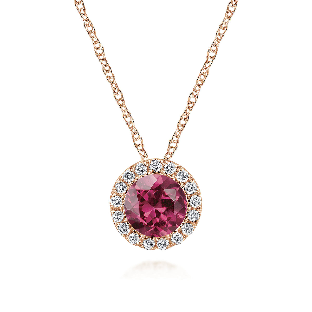 14k Rose Gold Round Cut Diamond Halo & Pink Tourmaline Pendant Necklace — Gabriel & Co. NK2824K45PT