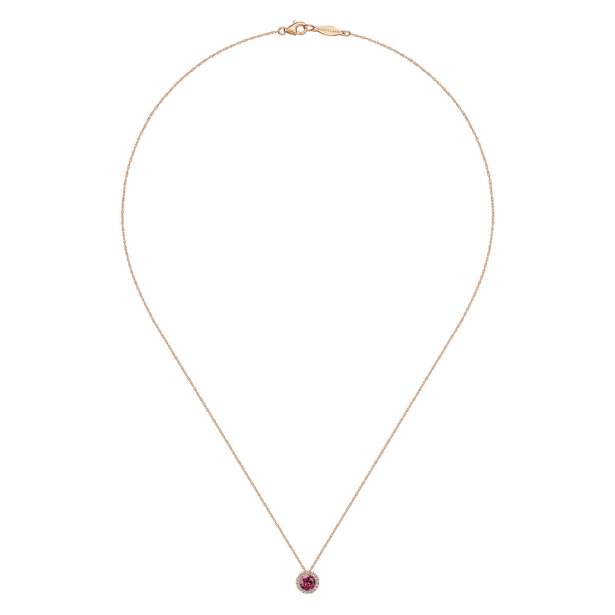 14k Rose Gold Round Cut Diamond Halo & Pink Tourmaline Pendant Necklace — Gabriel & Co. NK2824K45PT