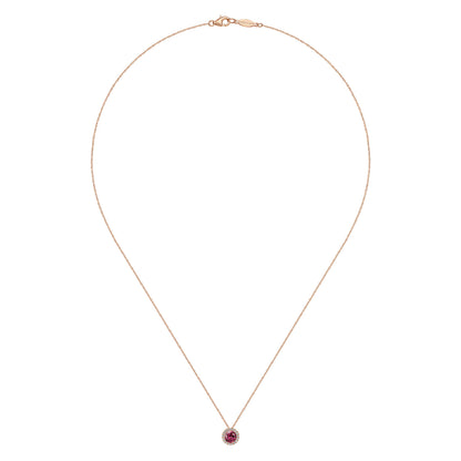 14k Rose Gold Round Cut Diamond Halo & Pink Tourmaline Pendant Necklace — Gabriel & Co. NK2824K45PT