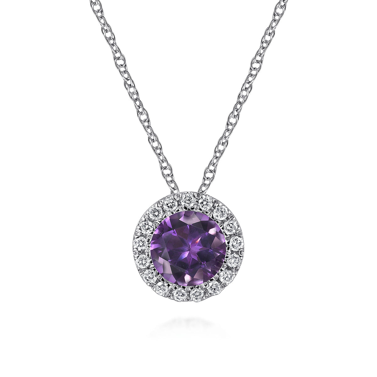14K White Gold Amethyst and Diamond Halo Pendant Necklace — Gabriel & Co. NK2824W45AM