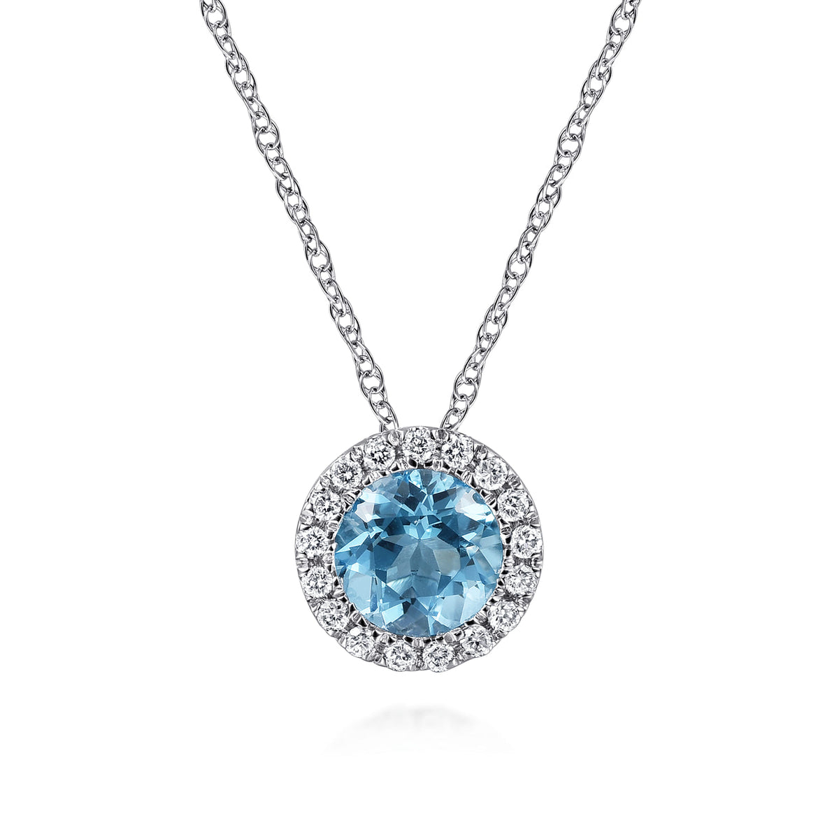 14K White Gold Swiss Blue Topaz and Diamond Halo Pendant Necklace — Gabriel & Co. NK2824W45BT