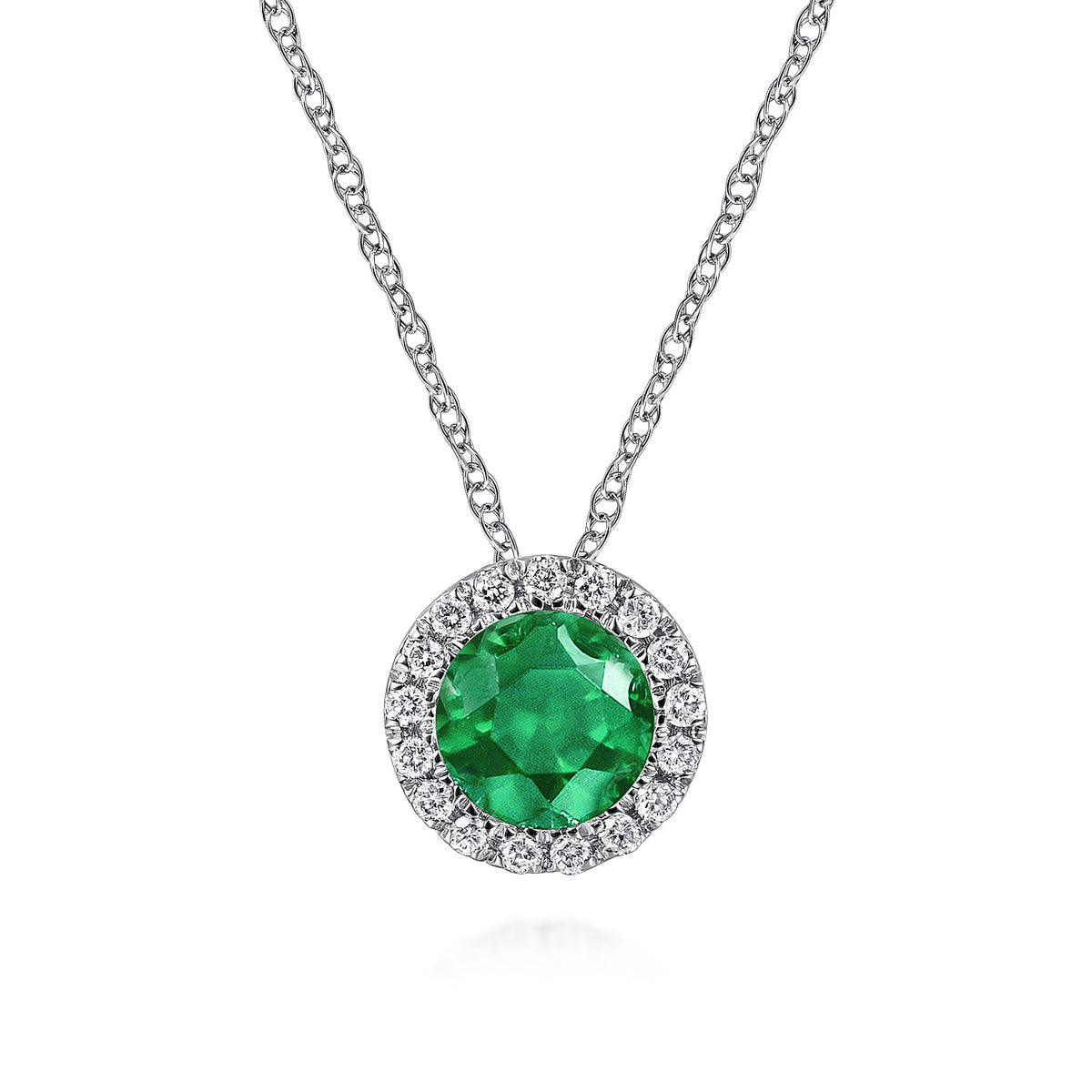 14K White Gold Emerald and Diamond Halo Pendant Necklace — Gabriel & Co. NK2824W45EA